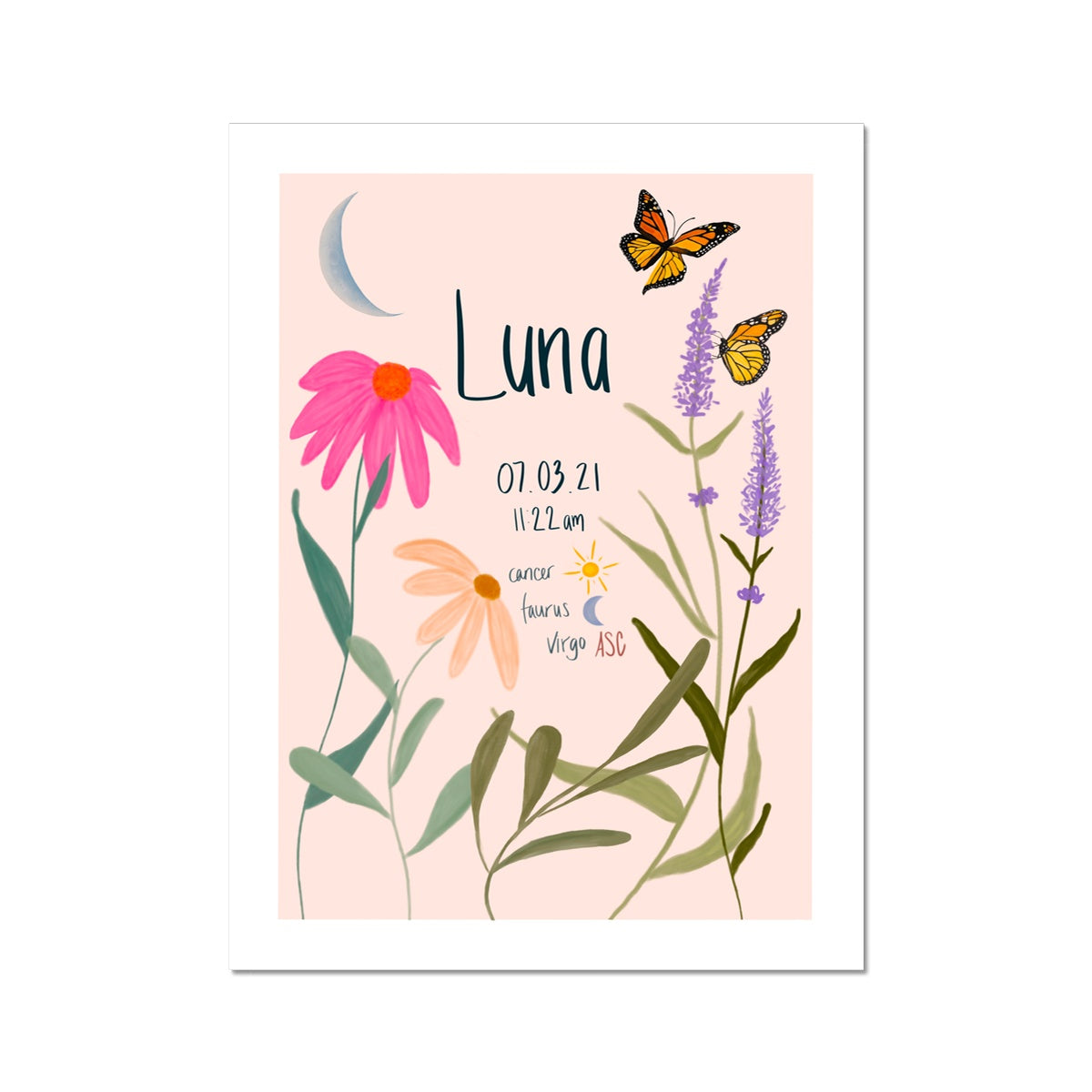 Butterflies Custom Birth Chart, Unframed