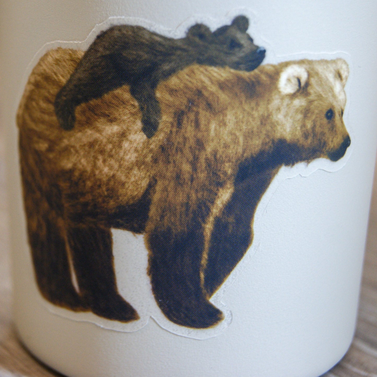 Die-cut clear vinyl sticker that measures 2.9" long and 2.3" high featuring hand-drawn brown bear carrying a darker brown baby bear on it's back. Displayed on taupe tumbler to showcase the clear vinyl background.