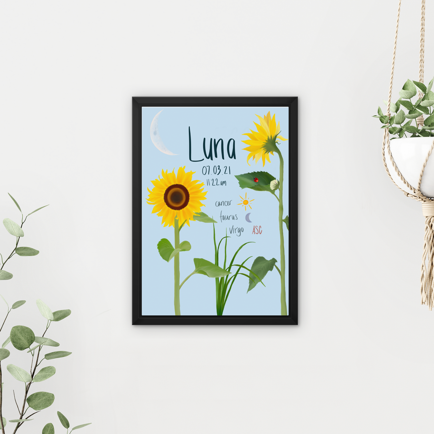 Sunflower Custom Birth Chart, Framed