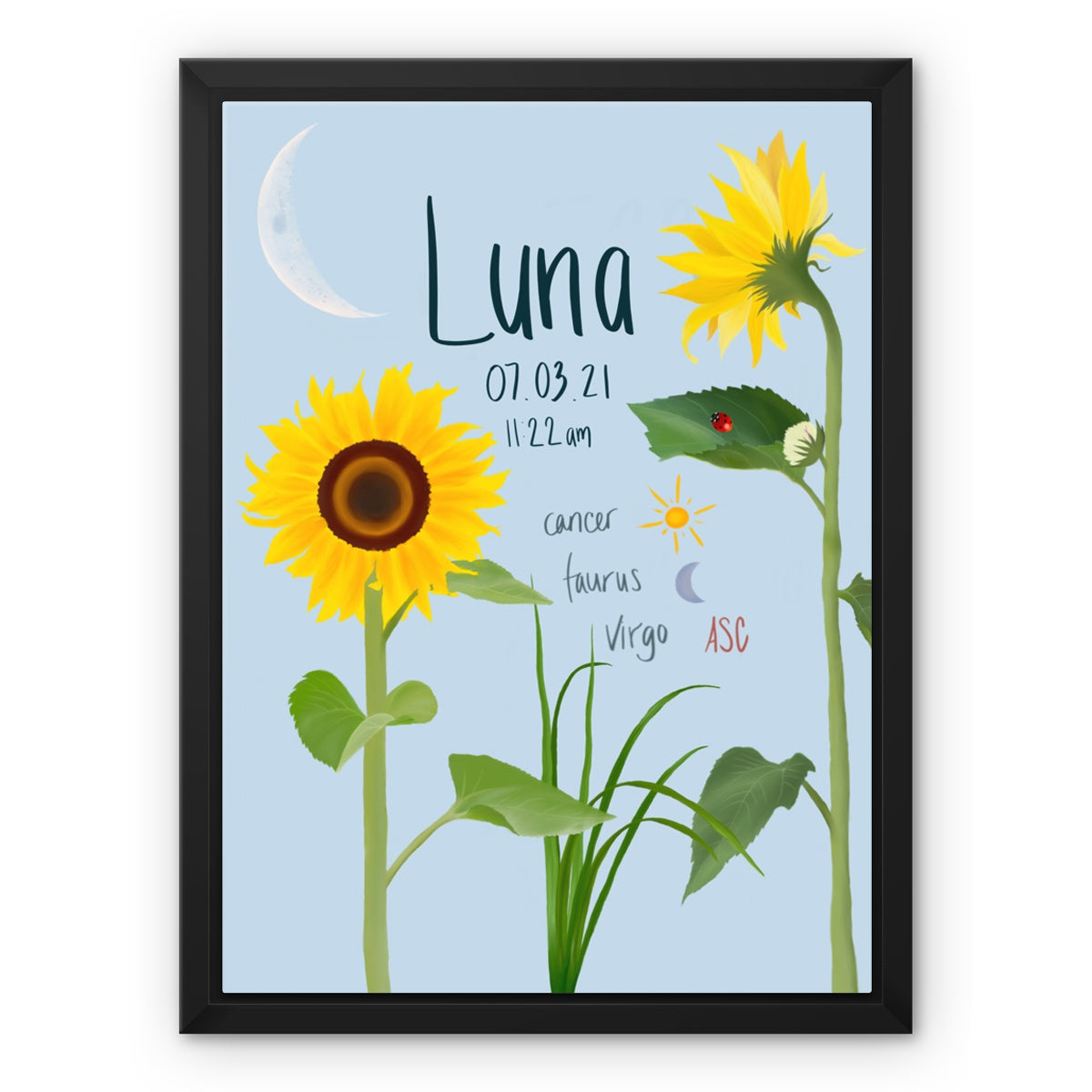 Sunflower Custom Birth Chart, Framed