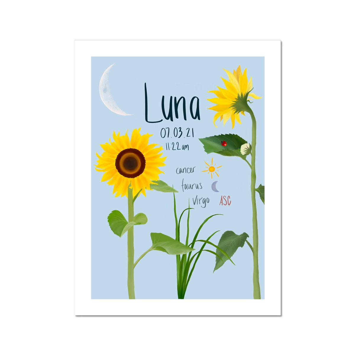 Sunflower Custom Birth Chart, Unframed